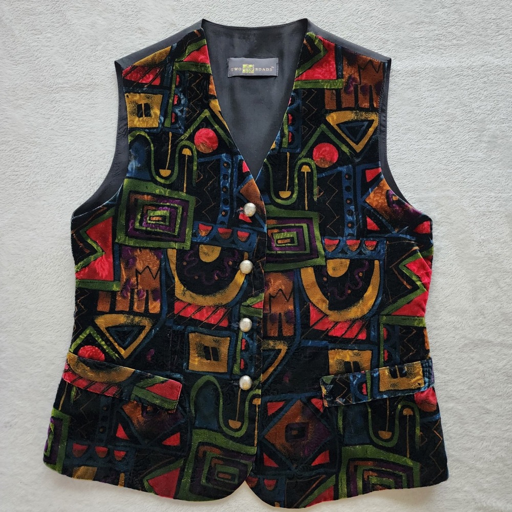 Velvet Vest Abstract Geometric Womens M Multicolor Art Deco Boho Artsy Vintage